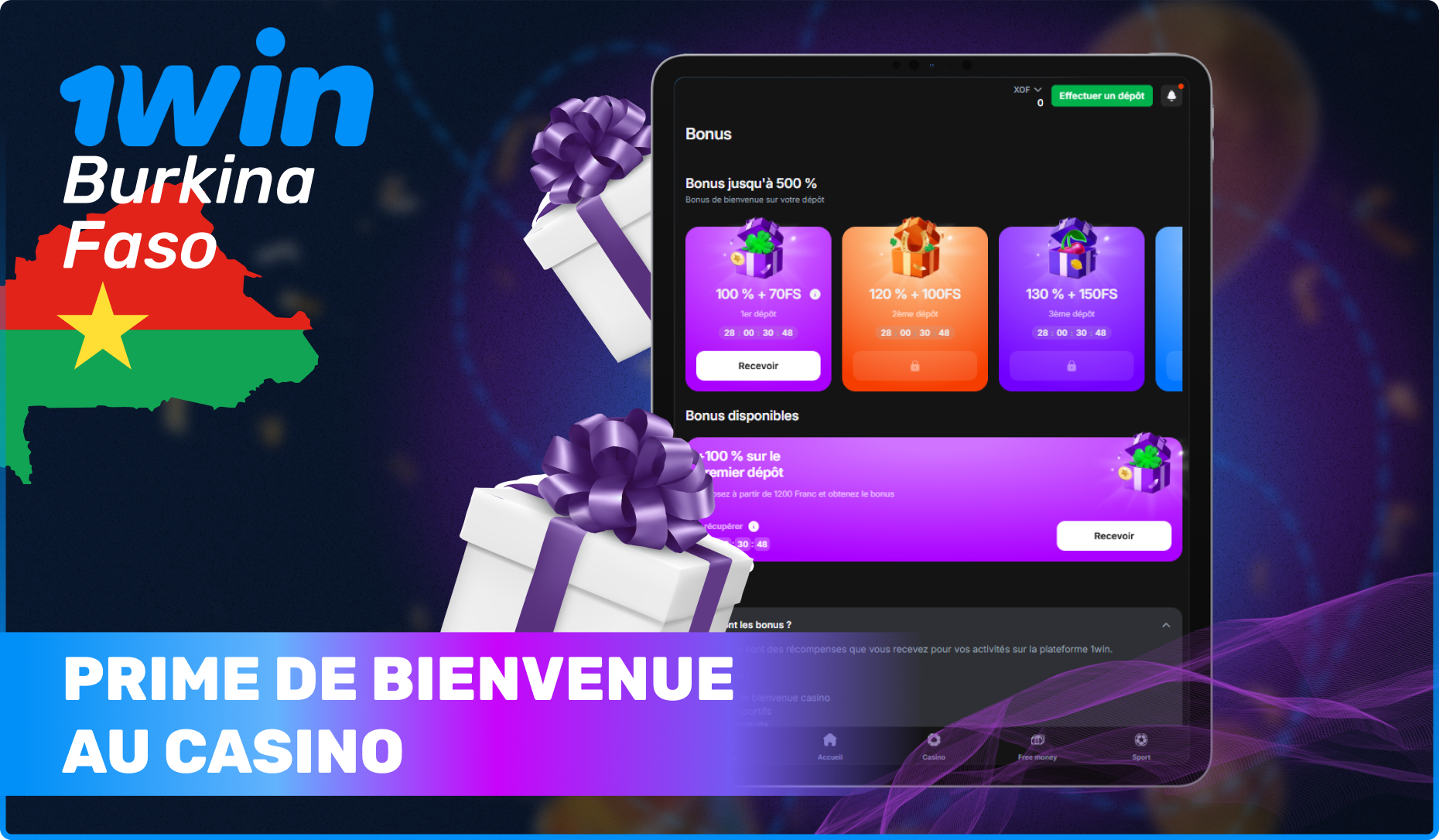 Aperçu 500% de prime de bienvenue au casino pour les joueurs du Burkina Faso