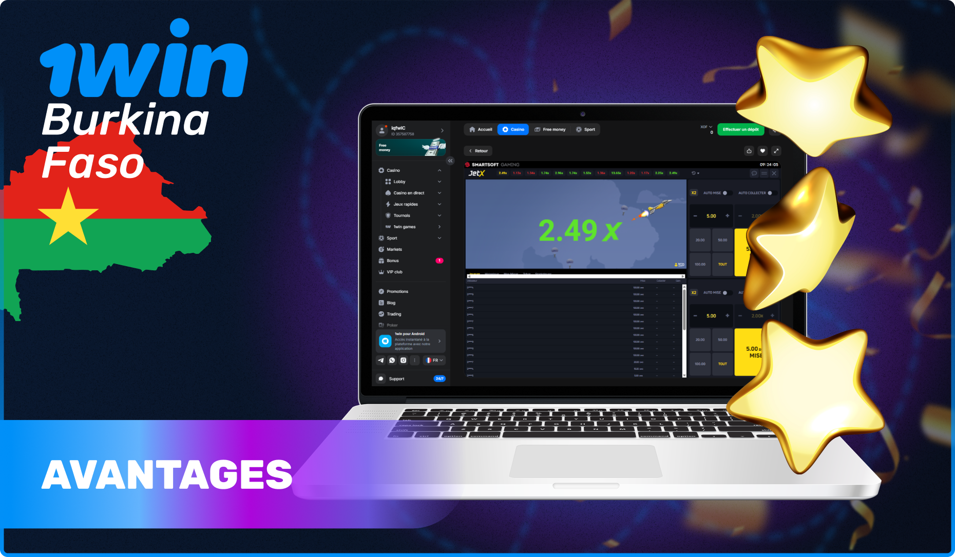 Avantages du jeu Jet X 1win