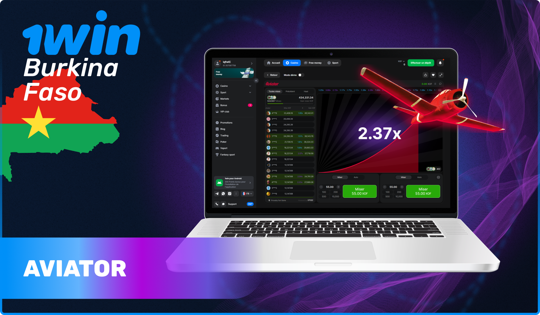 Jeu Crash Aviator au casino 1win