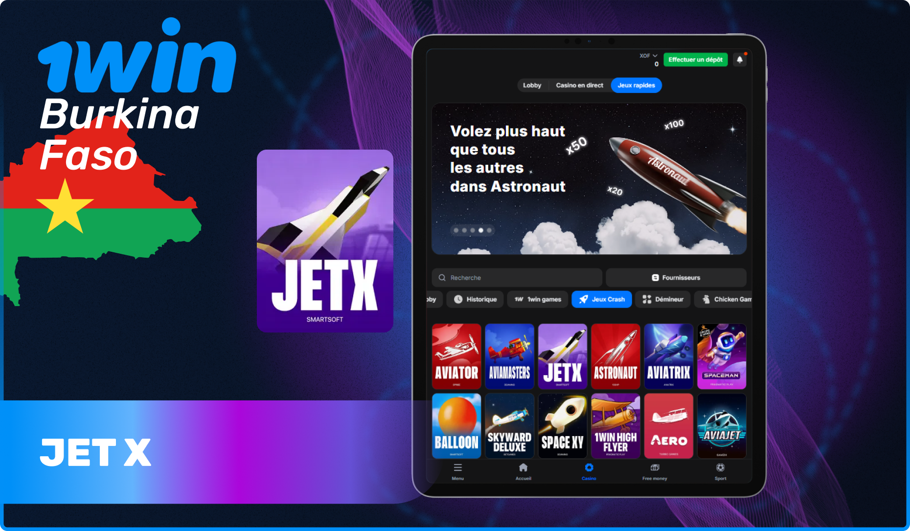 Jeu en ligne Jet X au casino 1win au Burkina Faso